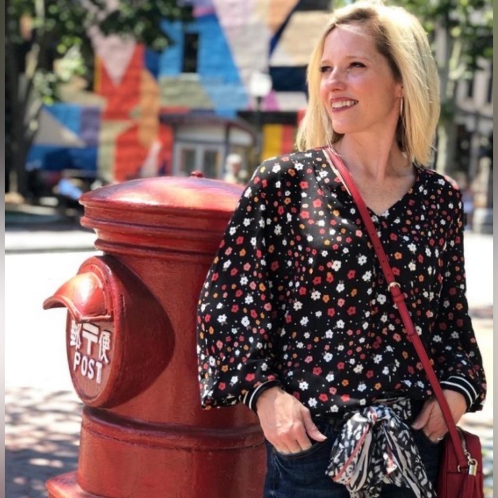 Cabi Black Floral Blouse with Red and White Accents